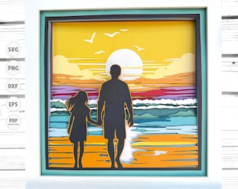 Papa en dochter strand schaduw vak SVG, Vaderdag schaduw vak SVG, vaderdagcadeau, Cricut SVG, silhouet SVG, 3D schaduw vak sjabloon