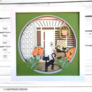 Svg de boîte d'ombre de porche de chat de Boho, svg de boîte d'ombre de milieu du siècle moderne, projets Cricut, svg 3D, svg en couches 3D, Svg de chat rétro, svg Cricut