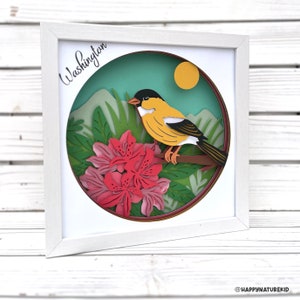 Goldfinch Bird Shadow Box Svg, Bird and Flower Shadow Box Template