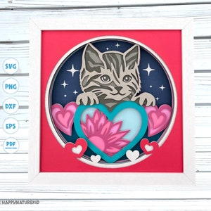 3d Valentine chat shadow box fichiers svg pour Cricut 3d Layered svg shadow box Valentine cat svg 3d svg Cardstock svg Silhouette svg Cat svg