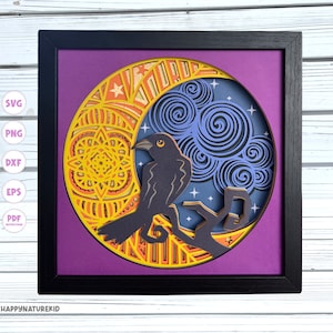 May include: A black crow perched on a branch with a yellow and orange mandala moon behind it. The moon is set against a purple background with blue swirls and white stars.