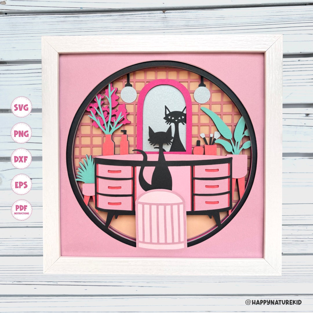 Boho Cat Powder Room Shadow Box Svg, Mid Century Modern Cat Decor, 3d ...