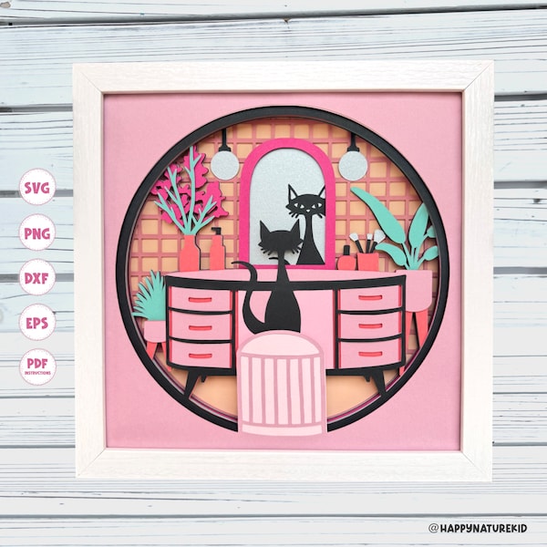Boho Cat Powder Room shadow box svg, Mid Century Modern Cat decor, 3d Layered svg, Svg files for Cricut, Silhouette svg, 3d svg