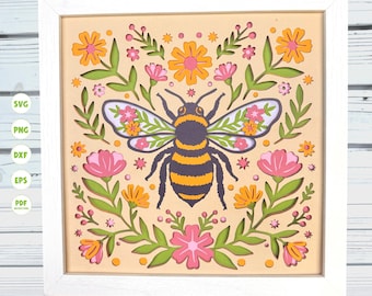 Boho Bee and Flowers shadow box svg, summer shadow box svg, bee shadow box svg, Cricut projects, Svg files for Cricut, Silhouette svg