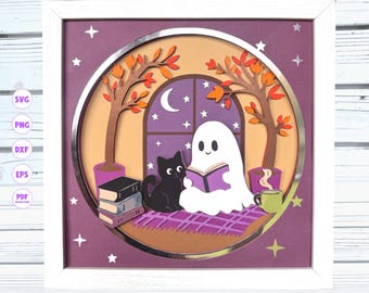 Ghost Reading shadow box svg, Halloween shadow box svg, Ghost shadow box svg, Cricut Projects, Svg files for Cricut, Silhouette svg, 3d svg