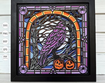 Raven Stained Glass shadow box svg, Halloween shadow box svg, 3d Layered svg, Cricut projects, silhouette svg, 3d svg, Spooky shadow box svg