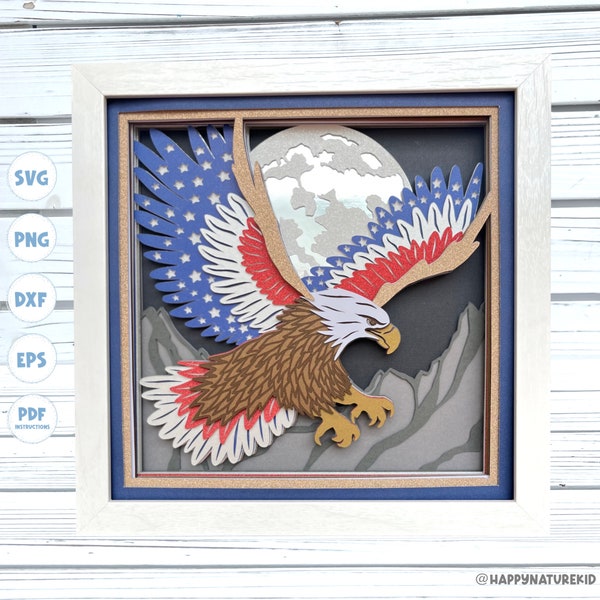 Patriotic Eagle shadow box svg, 3d American Flag svg, Bald Eagle Shadow box svg, 3d Layered svg, 3d shadow box svg, 3d svg, 4th of July svg