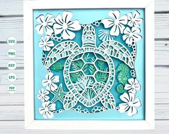 Flower Sea Turtle Shadow Box svg, 3d Sea Turtle Svg, Layered svg, Ocean Mandala svg, Svg files for Cricut, silhouette svg, Cricut projects