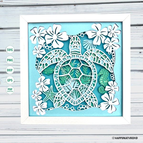 Flower Sea Turtle Shadow Box svg, 3d Sea Turtle Svg, Layered svg, Ocean Mandala svg, Svg files for Cricut, silhouette svg, Cricut projects