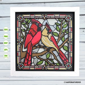 Svg de boîte à ombre en vitrail cardinaux, boîte à ombres oiseaux, svg boîte à ombres de printemps, caisson lumineux, svg Cricut, svg silhouette, projets Cricut