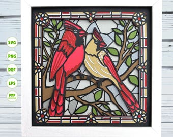 Cardinals stained glass shadow box svg, Birds shadow box svg, Spring shadow box svg, Light box, Cricut svg, silhouette svg, Cricut projects