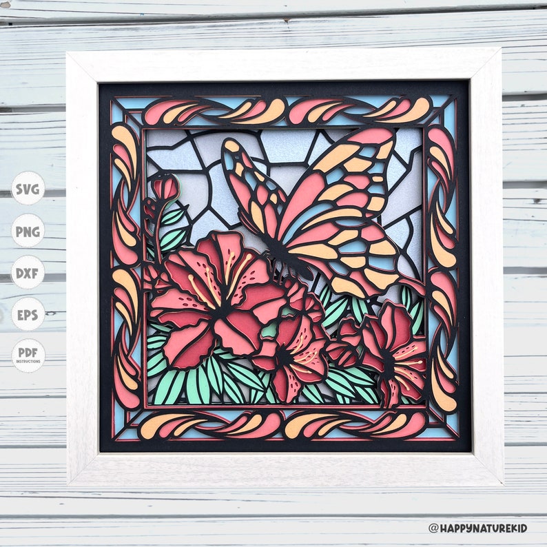 May include: A digital cut file design featuring a butterfly and flowers in a stained glass style. The design is in shades of pink, orange, yellow, and blue.
