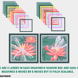 May include: Two 8-inch square shadow boxes with layered images of dragonflies and water lilies. Each box has two layers, and the images are in shades of pink, green, and blue.