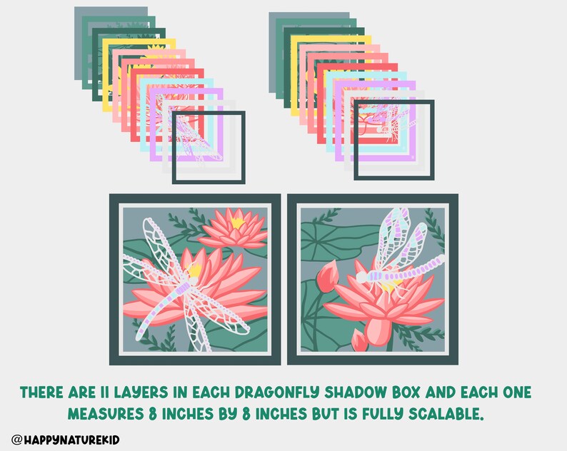 May include: Two 8-inch square shadow boxes with layered images of dragonflies and water lilies. Each box has two layers, and the images are in shades of pink, green, and blue.
