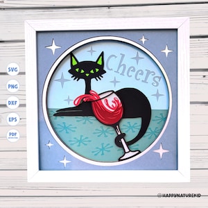 Svg de boîte d'ombre de chat bohème de coeur, svg de boîte d'ombre de milieu du siècle moderne, svg de boîte d'ombre de chat atomique, projets Cricut, fichiers Svg pour Cricut, svg 3D