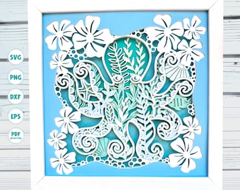 Flower Octopus shadow box svg, 3d Octopus svg, Ocean shadow box svg, 3d Layered svg, Ocean Mandala svg, Svg files for Cricut silhouette svg