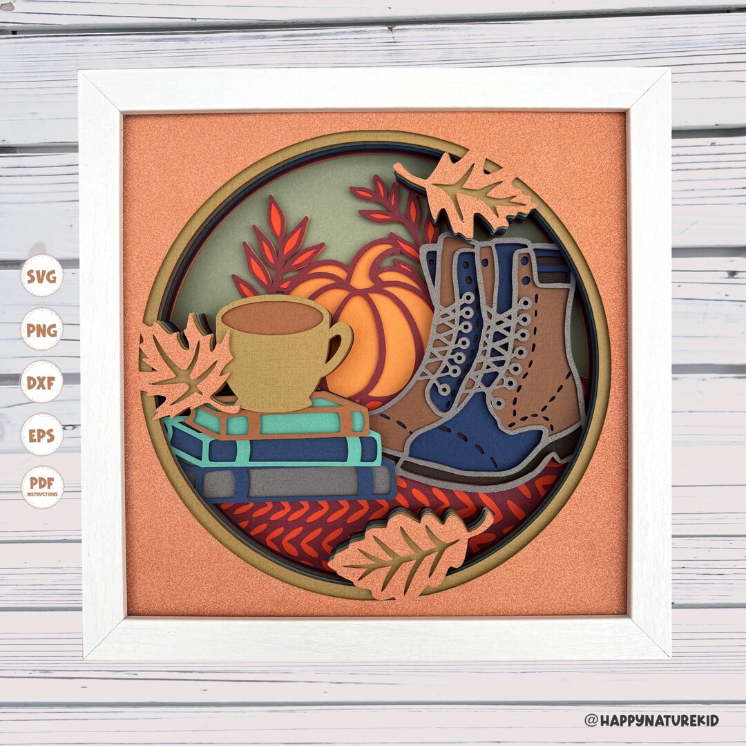 Fall Boots and Books Shadow Box Svg, Fall Shadow Box Svg, 3d Layered ...