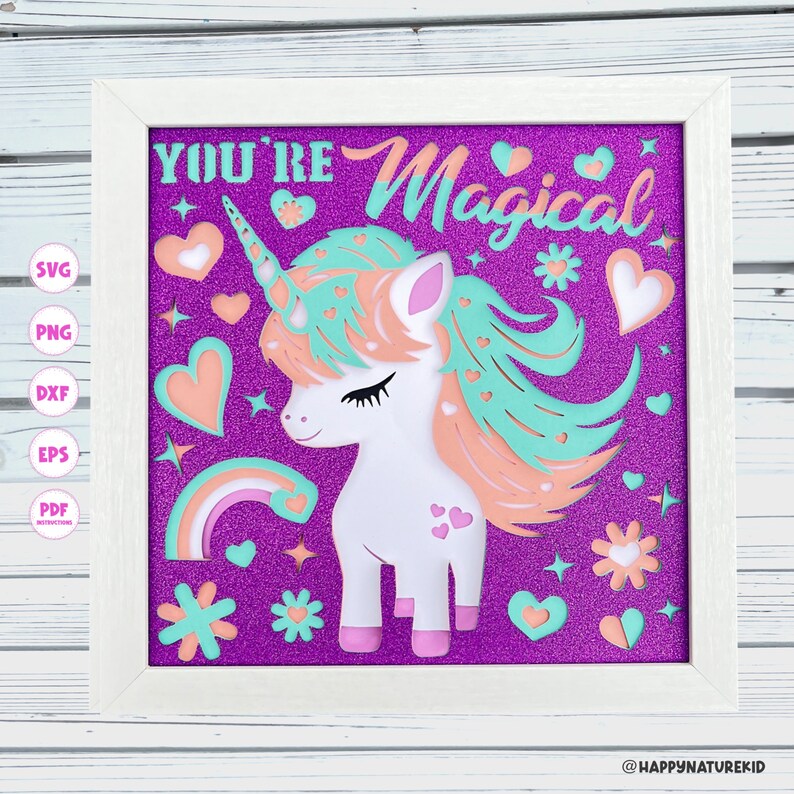 May include: A white unicorn with a pink horn, peach and teal mane, and closed eyes. The unicorn is surrounded by hearts, stars, flowers, and a rainbow. The text "You're Magical" is at the top of the image.