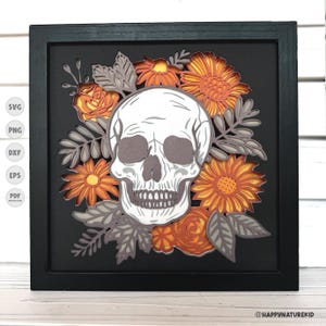 Svg de boîte d'ombre de crâne de fleur, boîte d'ombre d'Halloween, svg de boîte d'ombre fantasmagorique, svg de boîte d'ombre d'automne, projets de Cricut, svg de silhouette, svg 3D