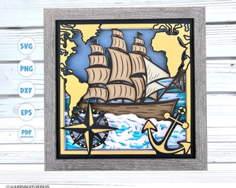 3D reizen schip schaduw vak SVG 3D zeilboot schaduw vak SVG-bestanden voor Cricut 3D gelaagde SVG Cardstock SVG gelaagde papercut SVG 3D SVG