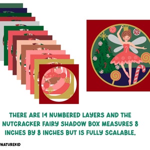 May include: A 14-layer shadow box craft kit featuring a Nutcracker Fairy with a pink dress, a Christmas tree, and candy canes. The box measures 8 inches by 8 inches and is fully scalable.