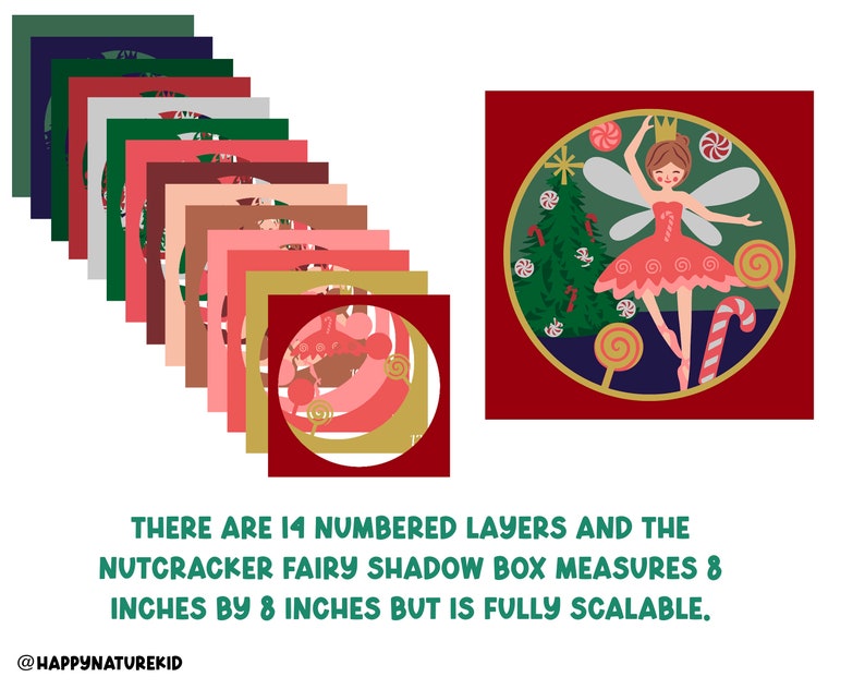 May include: A 14-layer shadow box craft kit featuring a Nutcracker Fairy with a pink dress, a Christmas tree, and candy canes. The box measures 8 inches by 8 inches and is fully scalable.