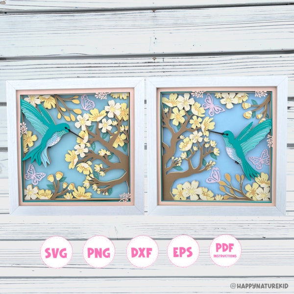 3d Hummingbird scene shadow box svg bundle, 3d Layered svg, Spring Shadow box svg 3d Blossom svg,  Svg files for Cricut, 3d svg, papercut