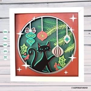 Svg boîte d'ombre de chat de Noël bohème, boîte d'ombre de chat moderne du milieu du siècle svg, décoration de Noël moderne du milieu du siècle, projets Cricut, silhouette