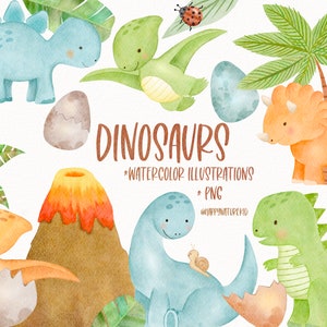 Dinosaur Clipart, Watercolor Dinosaur Clipart, Dinosaur Png, Dinosaur Birthday Decorations, Dinosaur Digital Art, Dinosaur Nursery Art
