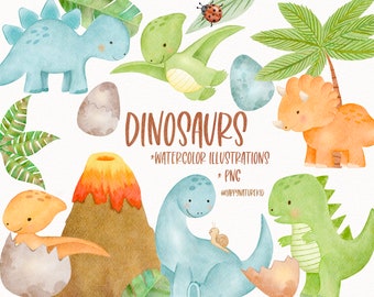 May include: Watercolor illustrations of cute dinosaurs in various poses, including a green dinosaur hatching from an egg, a blue dinosaur with a snail on its back, and a brown dinosaur with three horns. The illustrations are set against a white background with green leaves and a volcano.