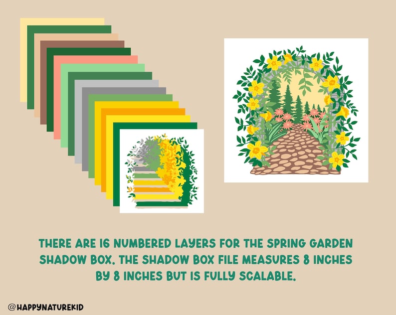 May include: A digital download of a layered shadow box design featuring a spring garden scene with a path leading through a floral archway. The design is 8 inches by 8 inches and includes 16 numbered layers.