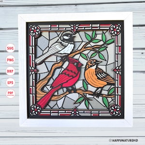 Oiseaux vitrail shadow box svg, fichiers Svg pour Cricut, Cardinal shadow box svg, svg silhouette, projets Cricut, svg en couches