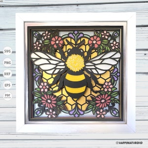 Svg abeille vitrail boîte ombre, abeille ombre boîte svg, fleur ombre boîte svg, svg en couches 3D, Cricut Projects, printemps Shadow Box svg