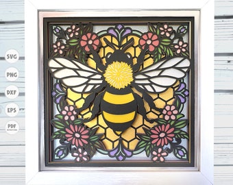 Bee Stained Glass Shadow Box svg, Bee Shadow Box svg, Flower Shadow Box svg, 3d Layered svg, Cricut Projects, Spring Shadow Box svg