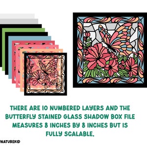 May include: A stained glass butterfly shadow box craft kit with 10 numbered layers. The finished project measures 8 inches by 8 inches and features a butterfly with pink, orange, and blue wings, surrounded by pink flowers and green leaves.
