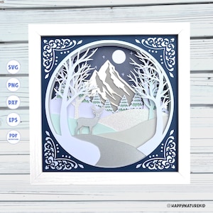 Snowy Night Shadow box svg template, Deer shadow box svg, Forest Shadow box svg, Mountain Shadow box svg, Cricut projects, 3d layered svg