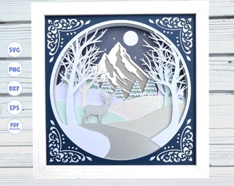Snowy Night Shadow box svg template, Deer shadow box svg, Forest Shadow box svg, Mountain Shadow box svg, Cricut projects, 3d layered svg