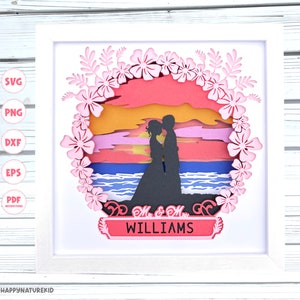 3D zonsondergang bruiloft schaduw vak SVG, 3D strand bruiloft SVG, aangepaste bruiloft naam SVG, 3D gelaagde SVG, 3D SVG, SVG-bestanden voor Cricut