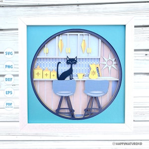 Boho Katze Küche Schattenkasten svg, Mid Century Modern Schattenkasten svg, Cricut Projekte, 3d Schichtbild svg, diy Mid Century Modern Dekor