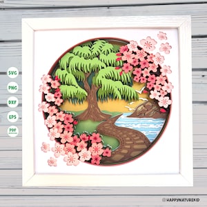 Japanischer Garten Schattenbox svg, Kirschblüten Schattenbox svg, 3d Layered svg, SVG-Dateien für Cricut, 3d svg, Cricut Projekte, Silhouette svg