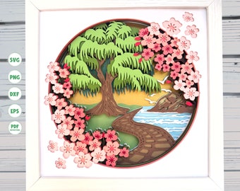 Puede incluir: Un diseño de papelcraft que presenta un sauce llorón con un camino sinuoso que conduce a un cuerpo de agua. El árbol está rodeado de flores de cerezo rosas. El diseño está enmarcado en un marco blanco.