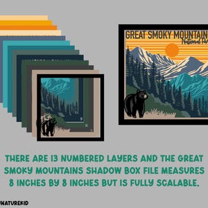 Puede incluir: Un archivo digital para un proyecto de artesan&iacute;a de caja de sombra con el Parque Nacional de las Grandes Monta&ntilde;as Humeantes. El dise&ntilde;o incluye un paisaje de monta&ntilde;a con una puesta de sol, &aacute;rboles y un oso negro. El archivo mide 20,32 cm por 20,32 cm e incluye 13 capas numeradas.