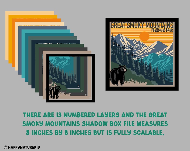 Puede incluir: Un archivo digital para un proyecto de artesan&iacute;a de caja de sombra con el Parque Nacional de las Grandes Monta&ntilde;as Humeantes. El dise&ntilde;o incluye un paisaje de monta&ntilde;a con una puesta de sol, &aacute;rboles y un oso negro. El archivo mide 20,32 cm por 20,32 cm e incluye 13 capas numeradas.