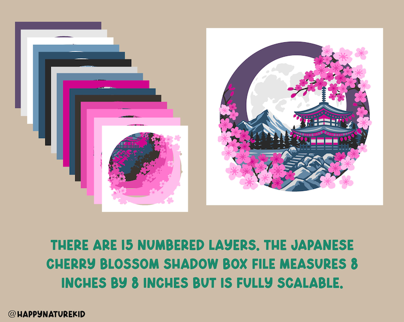 Puede incluir: Un proyecto de artesan&iacute;a de caja de sombra de 15 capas que presenta una escena de cerezos en flor japoneses con una pagoda, monta&ntilde;as y una luna llena. El dise&ntilde;o mide 20,3 cm por 20,3 cm.