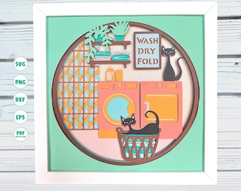 Boho Cat Laundry Room shadow box svg, Atomic Cat, Cricut svg files, silhouette svg, Cricut projects, light box, Laundry room sign svg 3d svg