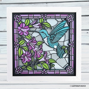 Svg boîte ombre vitrail colibri, oiseau ombre boîte svg, projets Cricut, svg en couches 3D, fichiers Svg pour Cricut, svg 3D, svg fleur