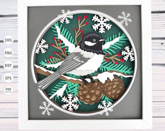 Chickadee on Pine Tree shadow box svg, Winter shadow box svg, Snowy shadow box svg, 3d shadow box svg, Cricut projects, Silhouette svg