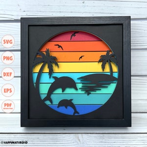 Dolfijn zonsondergang Shadow box SVG, Shadow box SVG, Dolphin SVG, zon SVG, palmboom SVG, strand SVG, gelaagde SVG