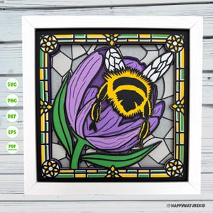Slapende bij in een bloem gebrandschilderd glas schaduwdoos svg, Cricut projecten, lichtbak, Svg-bestanden voor Cricut, silhouet svg, Bee shadow box svg