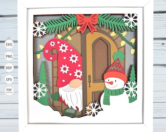 Gnome and Snowman shadow box svg, Christmas shadow box svg, 3d Layered svg, Cricut projects, silhouette svg, 3d svg, Light Box svg